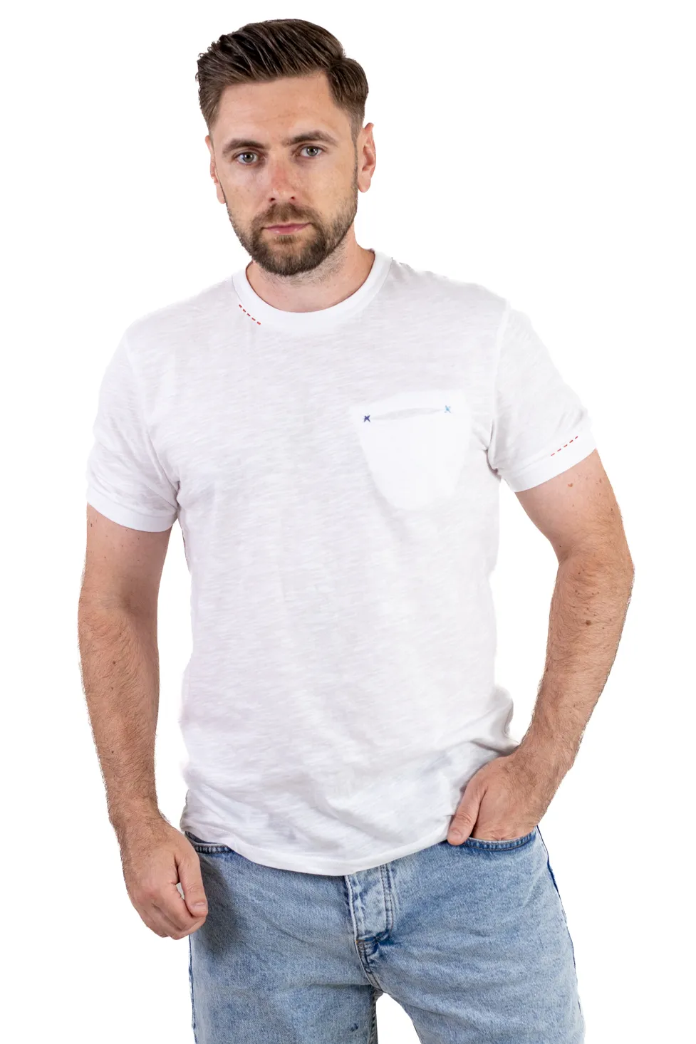 TRICOURI - Tricou bărbați alb 100% bumbac cu buzunar ascuns