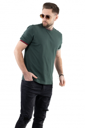 Barbati - Tricou barbati verde cu detalii la guler si maneci