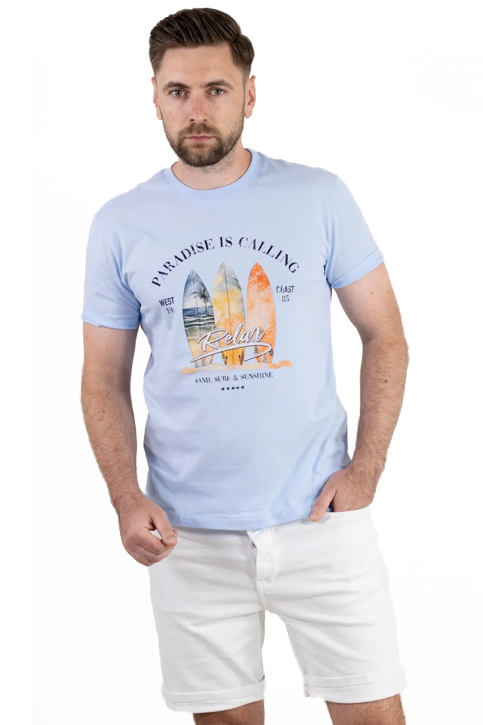TRICOURI - Tricou Bărbați albastru deschis  cu Imprimeu – Bumbac Elastic