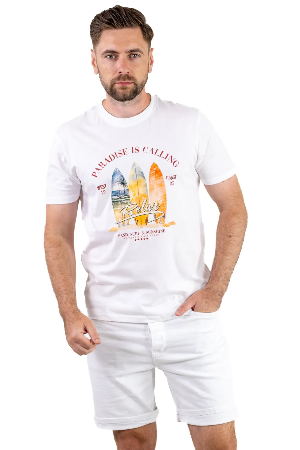 TRICOURI - Tricou Bărbați Alb cu Imprimeu – Bumbac Elastic