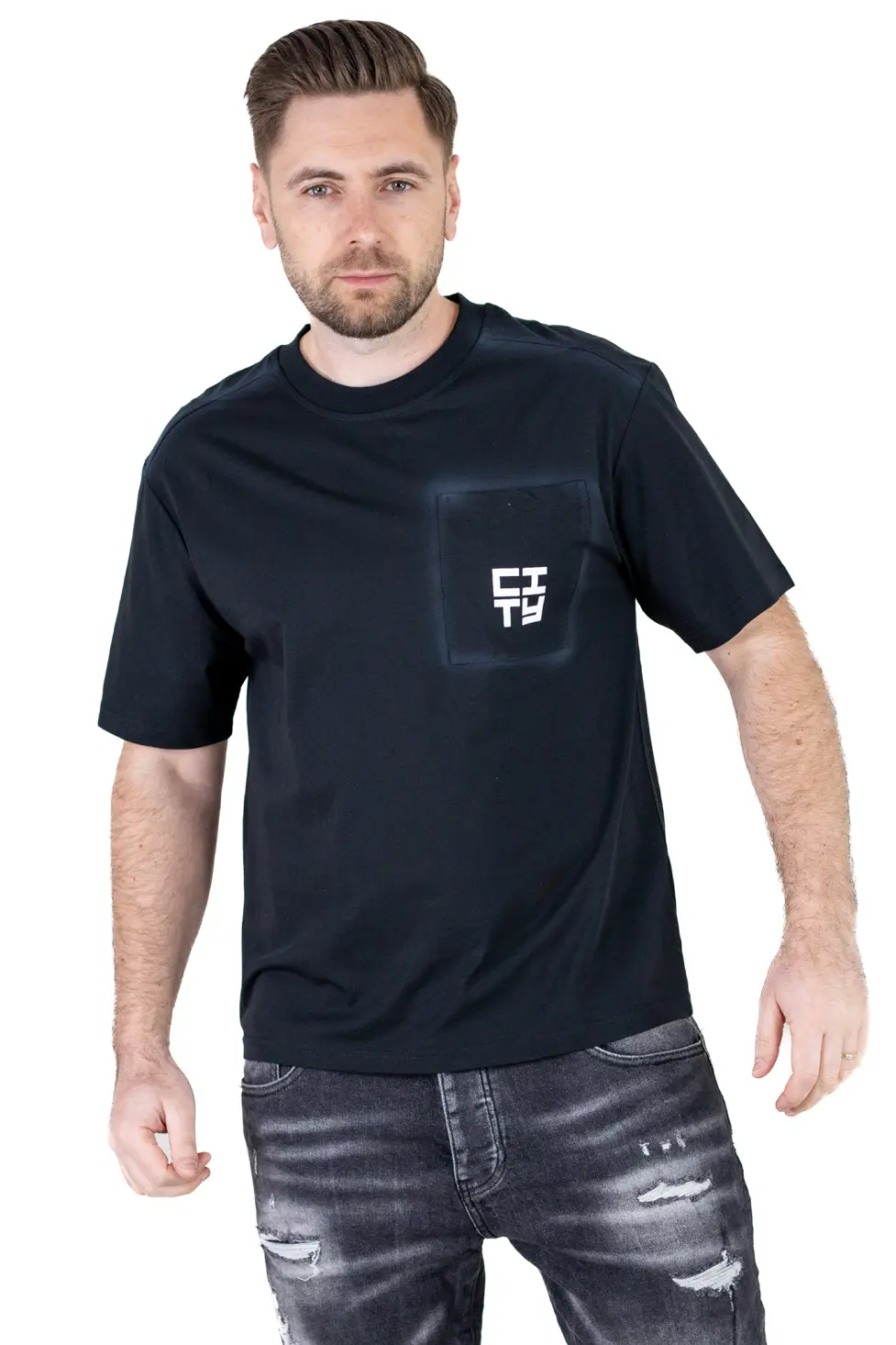 TRICOURI - Tricou Oversize Negru Bărbați – Material Dens cu Logo