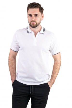 Barbati - Tricou alb polo cu fermoar material texturat