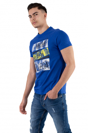 TRICOURI - Tricou bumbac albastru cu imprimeu Miami