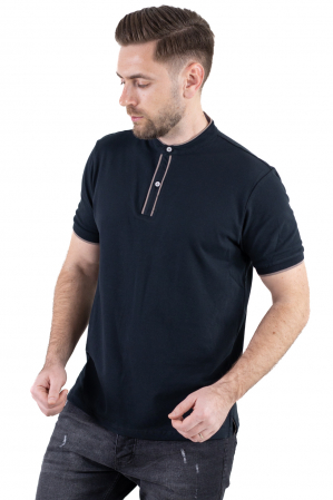 TRICOURI - Tricou negru cu guler corean si 2 nasturi