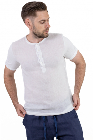 TRICOURI - Tricou alb din in si bumbac cu 4 nasturi