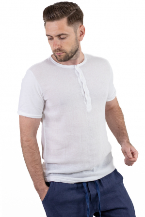 Promotii - Tricou alb din in si bumbac cu 4 nasturi