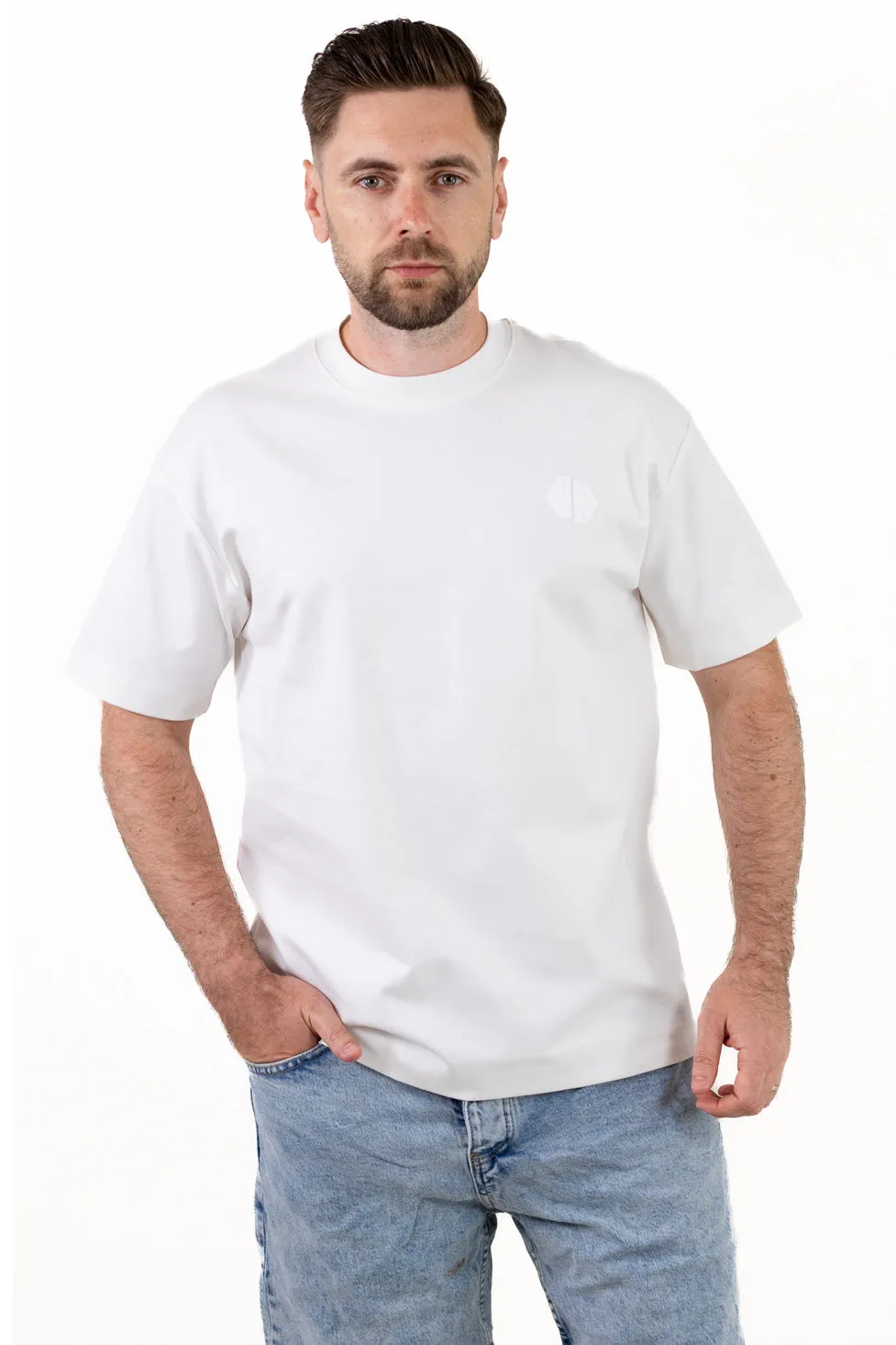 TRICOURI - Tricou alb oversize bărbați, bumbac gros, logo subtil