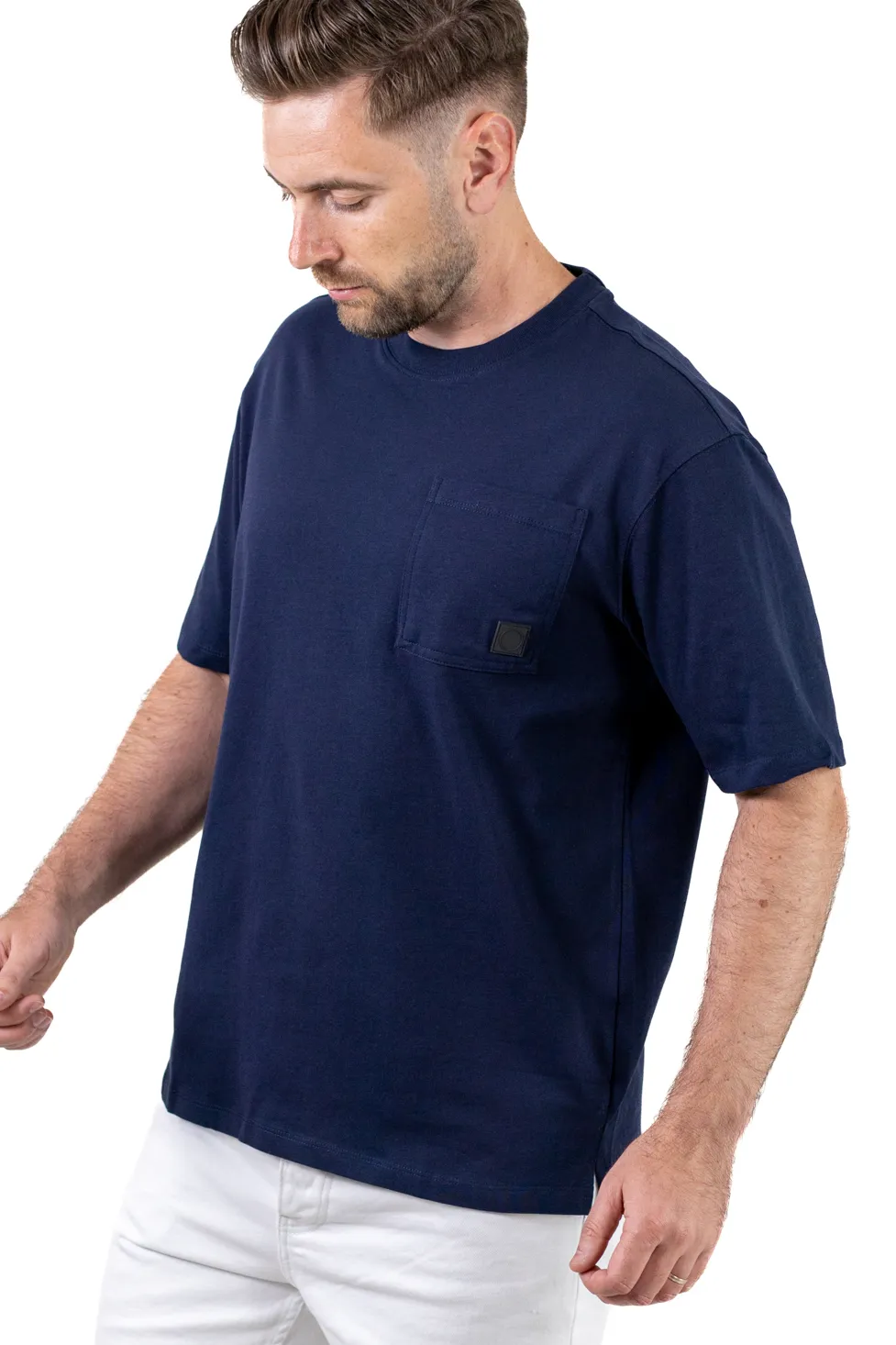 TRICOURI - Tricou oversize bleumarin bumbac cu buzunar pentru bărbați