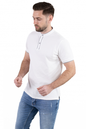 SMART CASUAL - Tricou alb cu guler corean si 2 nasturi