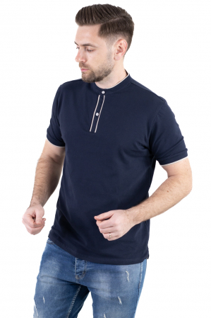 TRICOURI - Tricou bleumarin cu guler corean si 2 nasturi