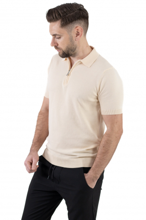 SMART CASUAL - Tricou crem elegant cu guler normal si fermoar