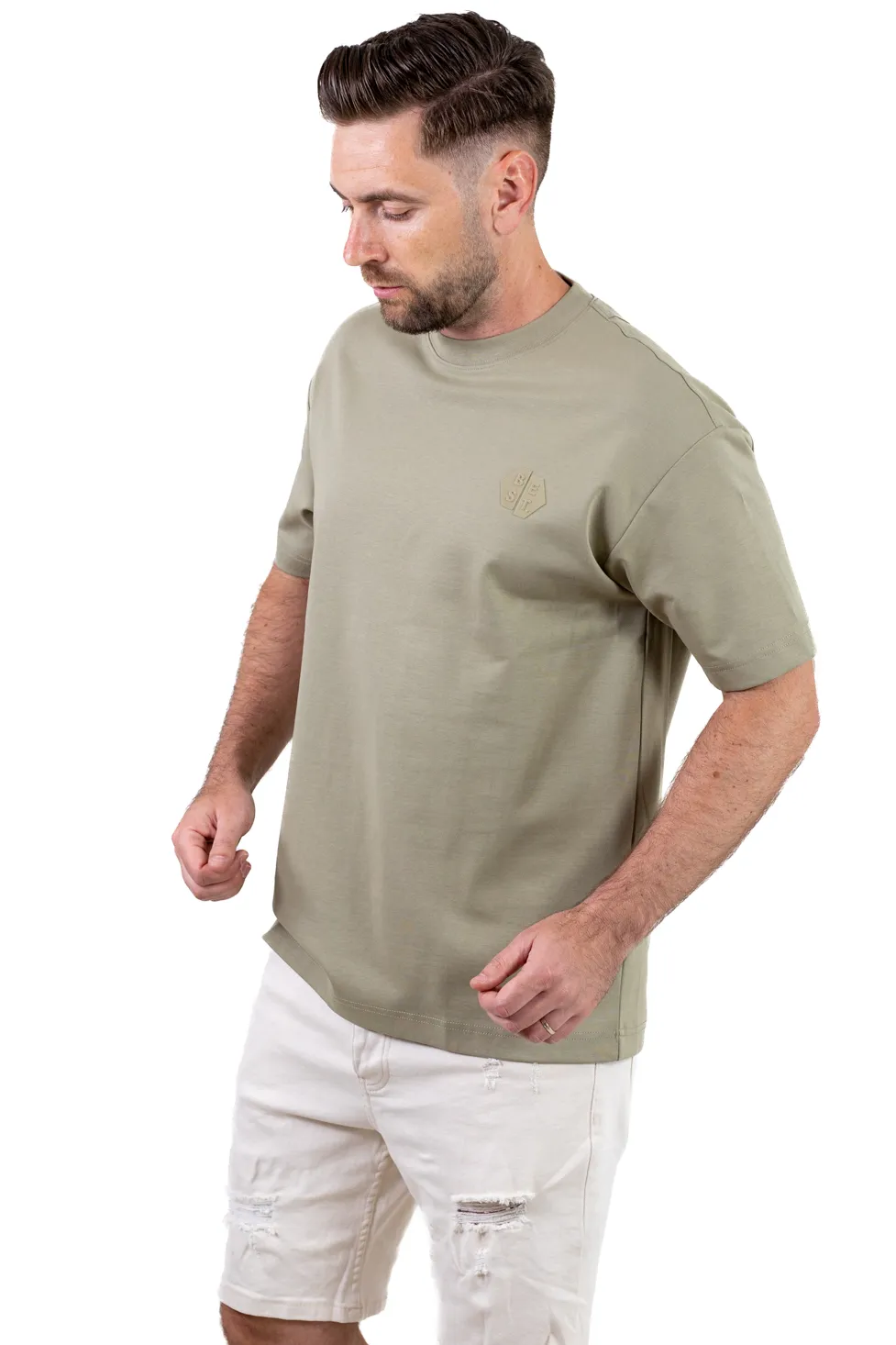 TRICOURI - Tricou oversize bărbați kaki, bumbac gros, logo subtil