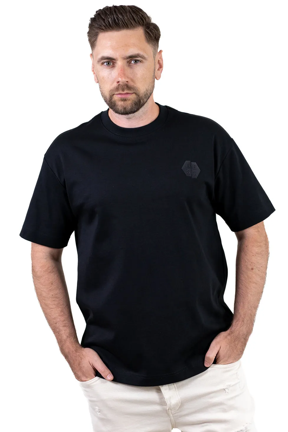 TRICOURI - Tricou oversize bărbați negru, bumbac gros, logo subtil