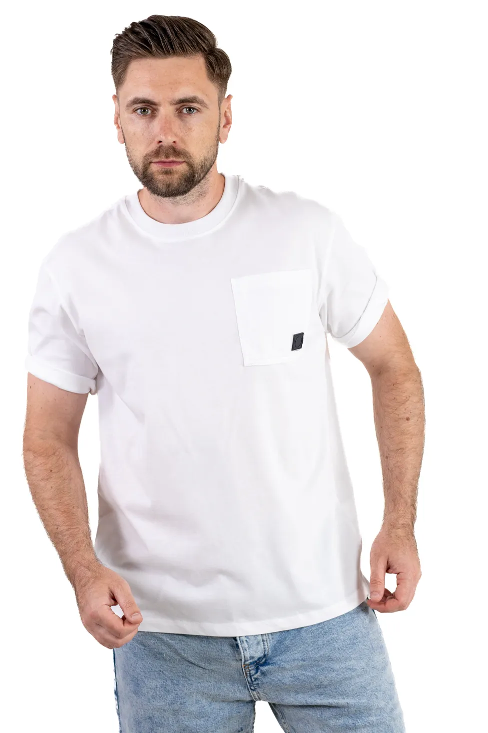 TRICOURI - Tricou oversize alb bumbac cu buzunar pentru bărbați