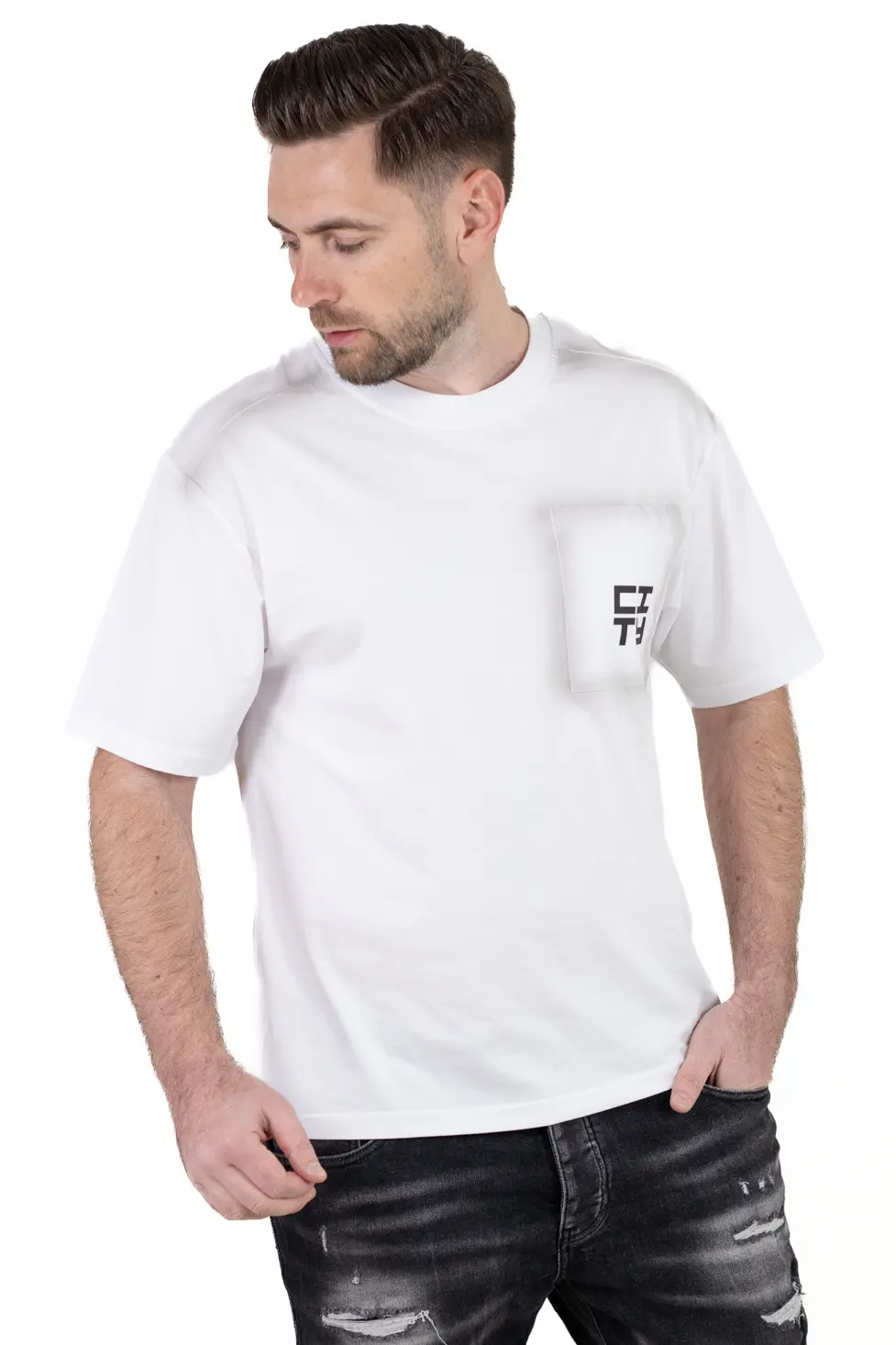 Tricou Oversize alb Bărbați – Material Dens cu Logo [1]