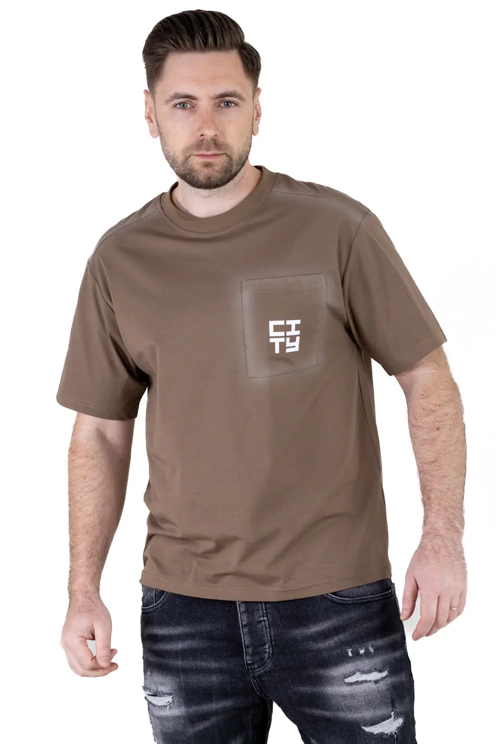 Barbati - Tricou Oversize maro Bărbați – Material Dens cu Logo