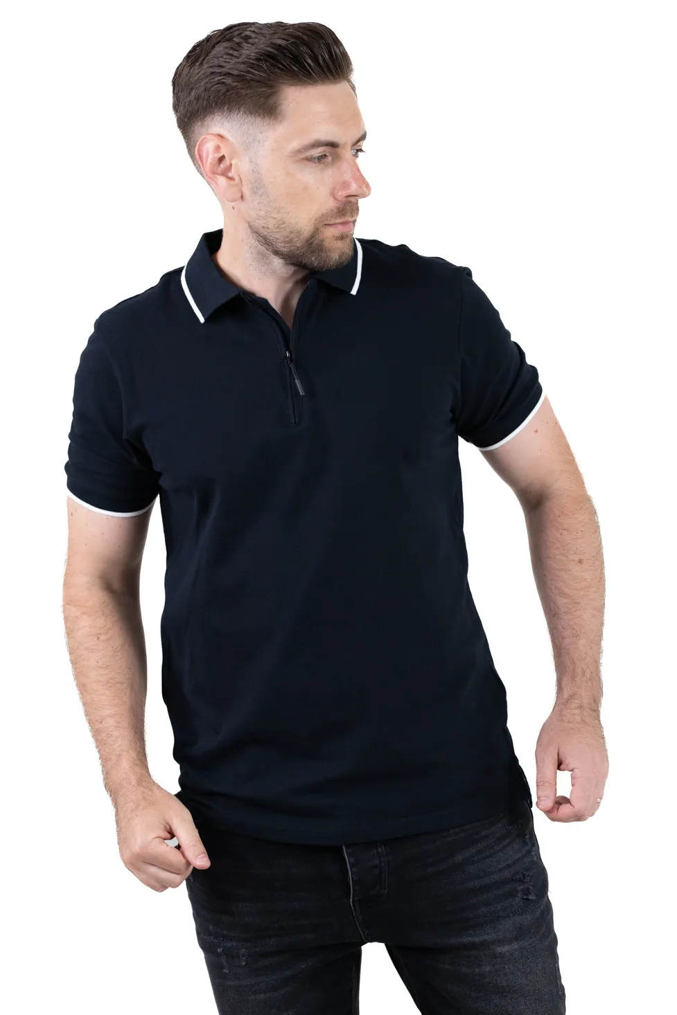 Tricou Polo Negru cu fermoar și detalii albe – Eleganță Casual la Superlativ [2]