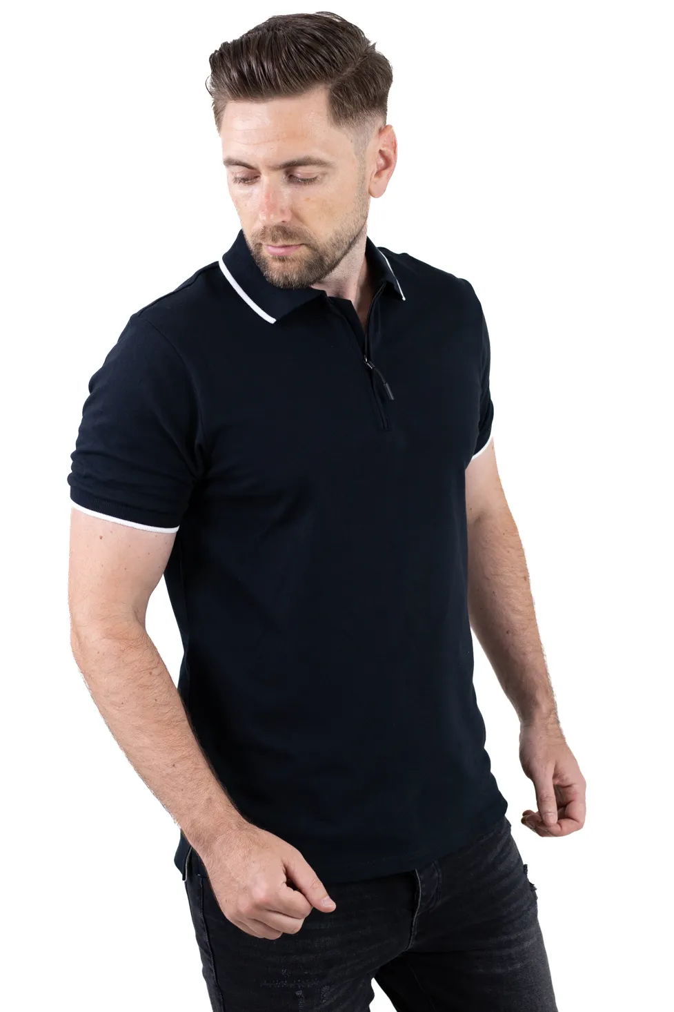 TRICOURI - Tricou Polo Negru cu fermoar și detalii albe – Eleganță Casual la Superlativ
