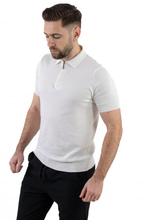 SMART CASUAL - Tricou alb elegant cu guler normal si fermoar