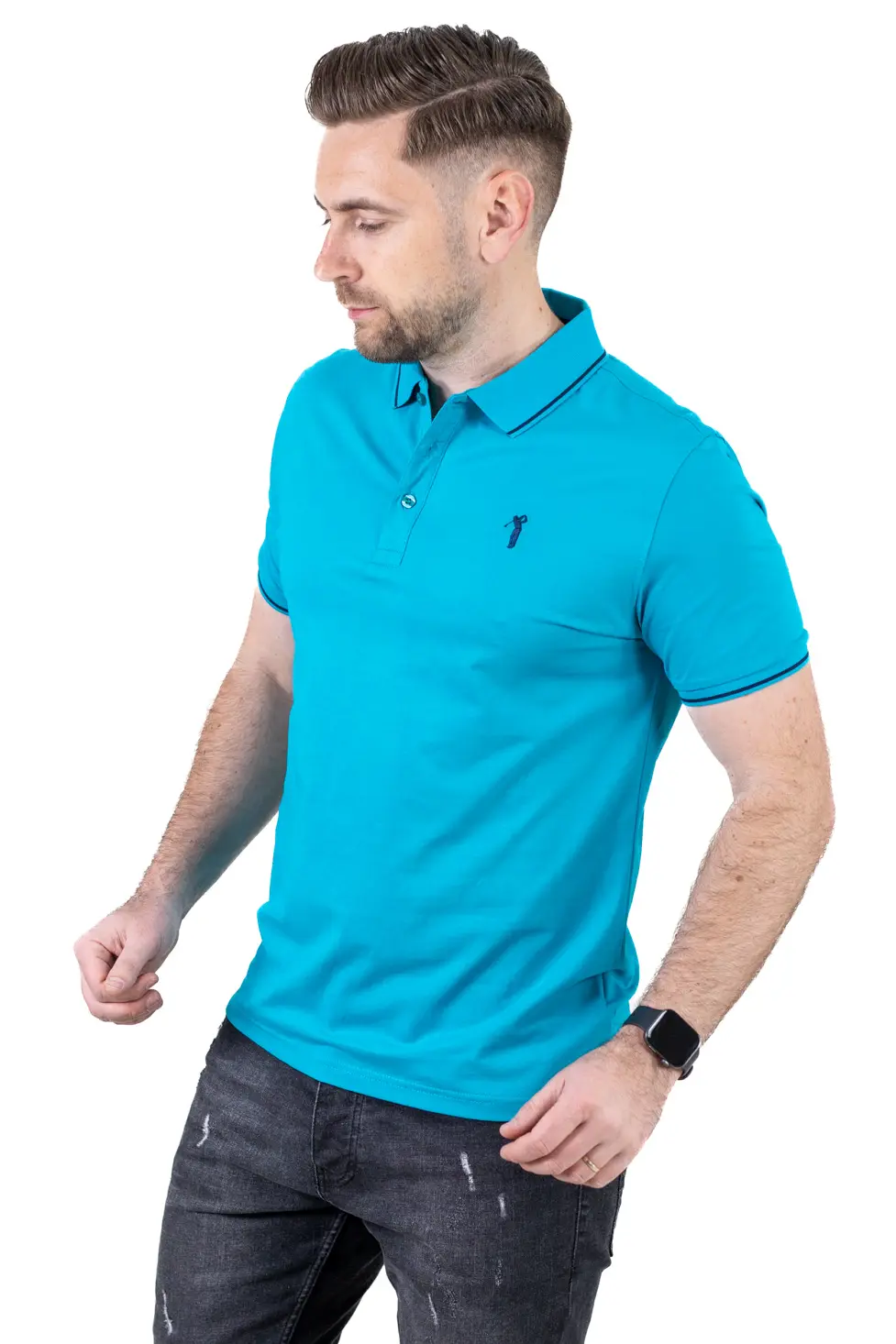 Barbati - Tricou Polo Bărbați turcoaz, 95% Bumbac cu Lycra, Guler 3 Nasturi, Detalii Contrastante