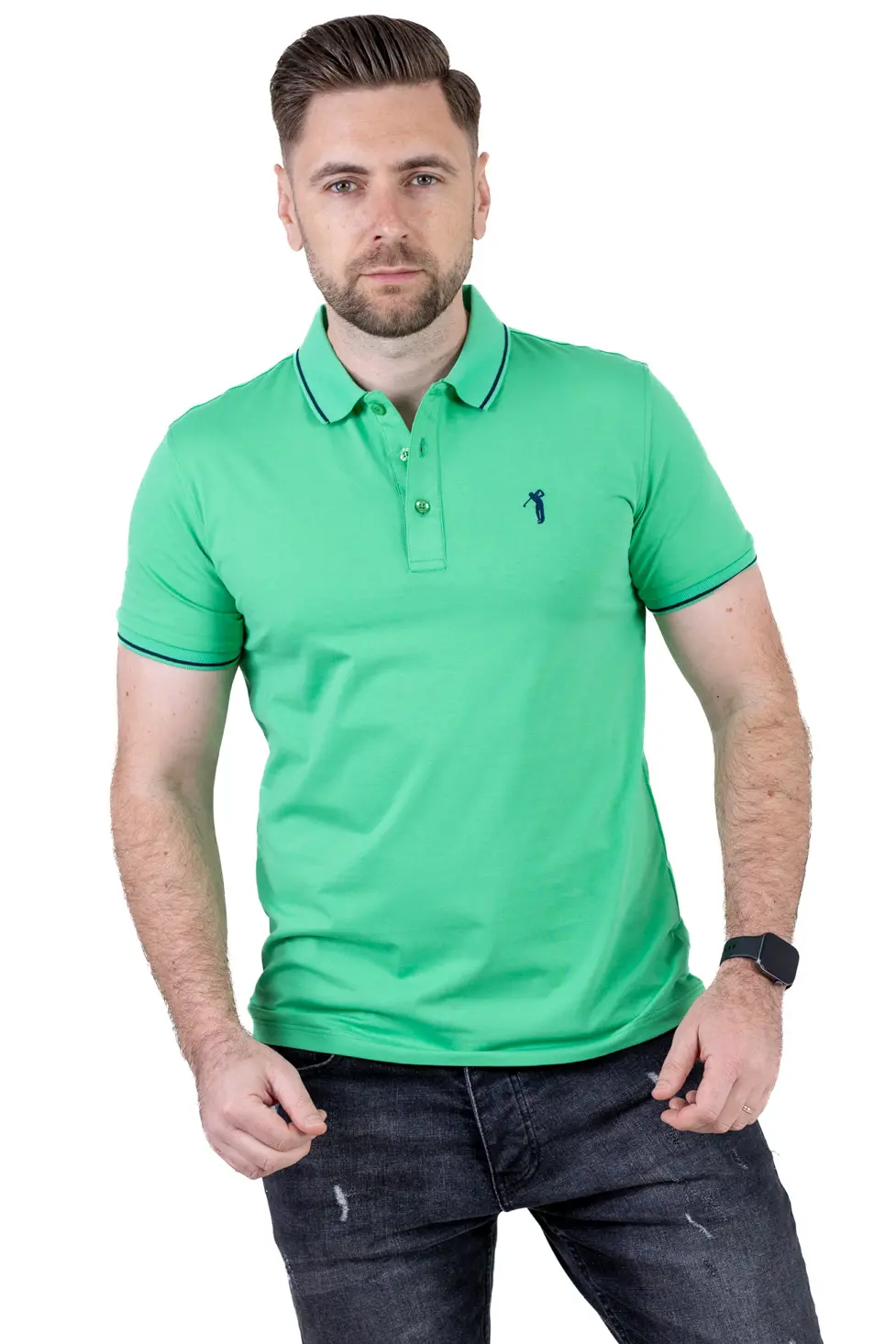 Tricou Polo Bărbați verde mar, 95% Bumbac cu Lycra, Guler 3 Nasturi, Detalii Contrastante [3]