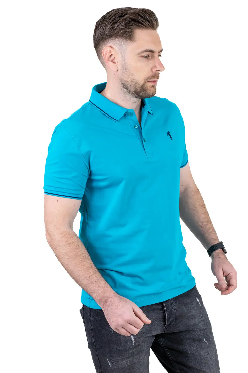Tricou Polo Bărbați turcoaz, 95% Bumbac cu Lycra, Guler 3 Nasturi, Detalii Contrastante [3]
