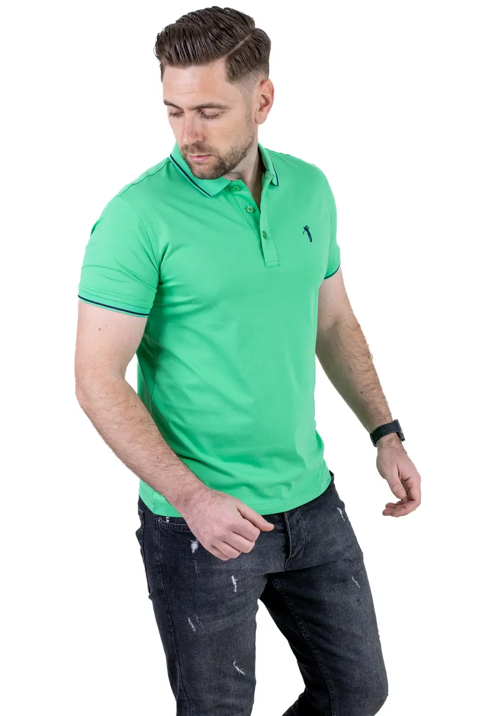 Barbati - Tricou Polo Bărbați verde mar, 95% Bumbac cu Lycra, Guler 3 Nasturi, Detalii Contrastante