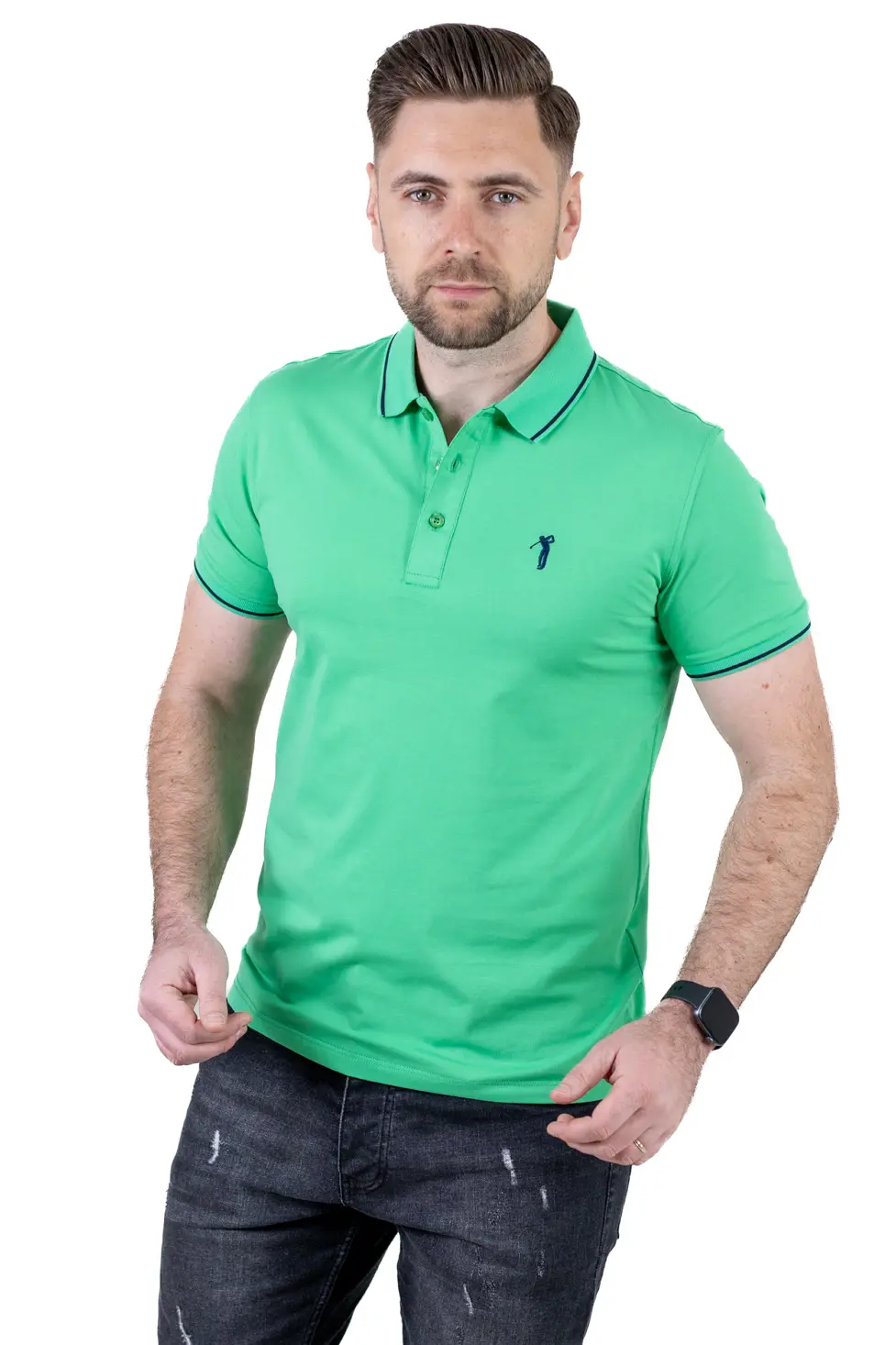 Tricou Polo Bărbați verde mar, 95% Bumbac cu Lycra, Guler 3 Nasturi, Detalii Contrastante [2]