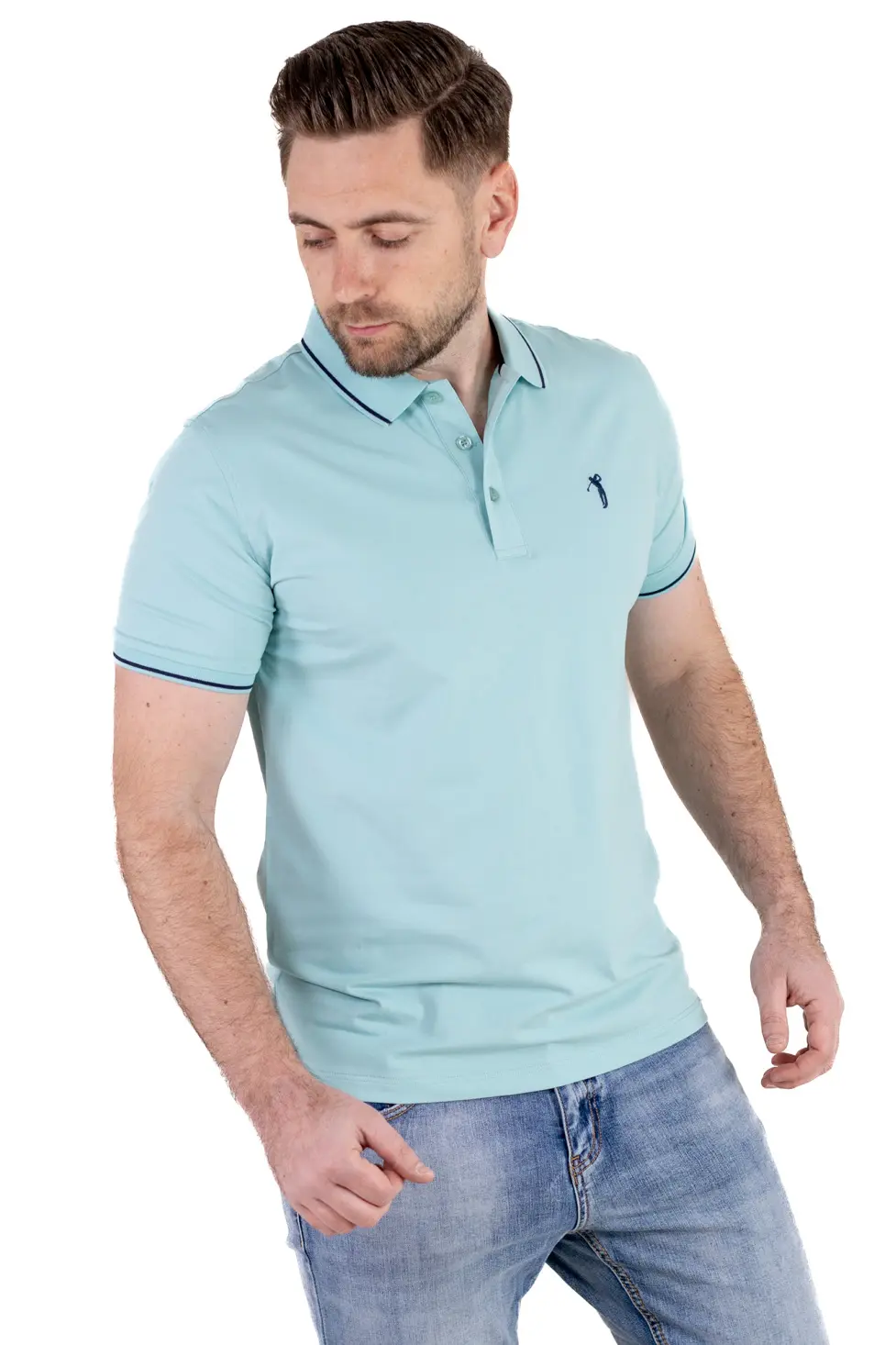 TRICOURI - Tricou Polo Bărbați verde aqua, 95% Bumbac cu Lycra, Guler 3 Nasturi, Detalii Contrastante