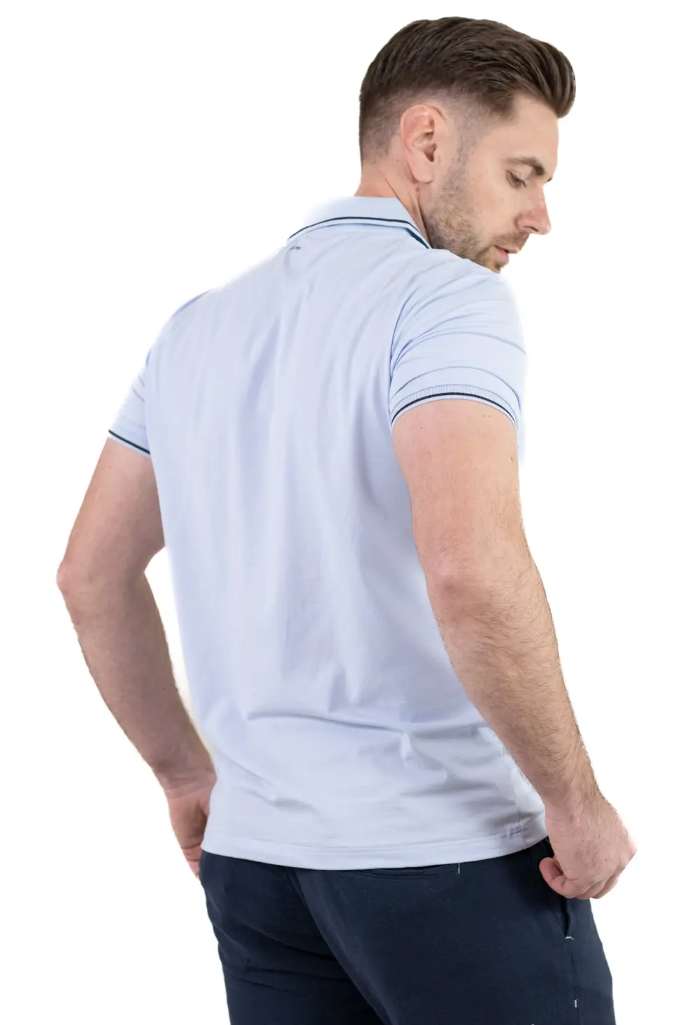 Tricou Polo Bărbați Albastru, 95% Bumbac cu Lycra, Guler 3 Nasturi, Detalii Contrastante [4]