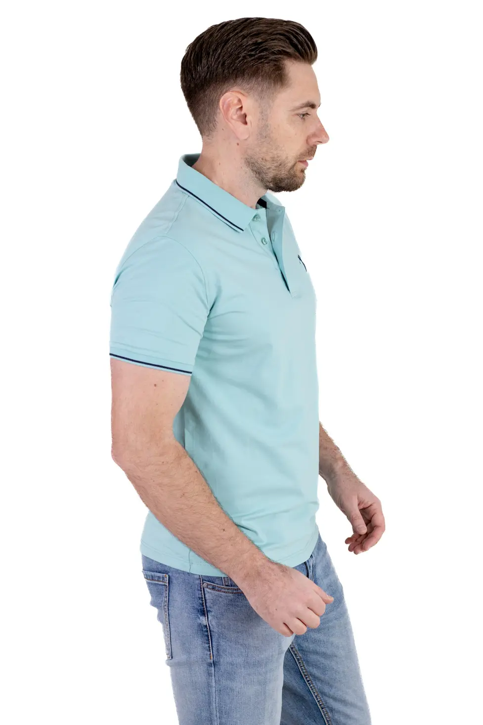 Tricou Polo Bărbați verde aqua, 95% Bumbac cu Lycra, Guler 3 Nasturi, Detalii Contrastante [4]