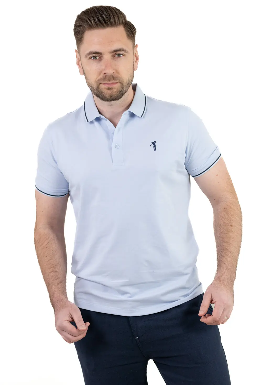 Tricou Polo Bărbați Albastru, 95% Bumbac cu Lycra, Guler 3 Nasturi, Detalii Contrastante [9]