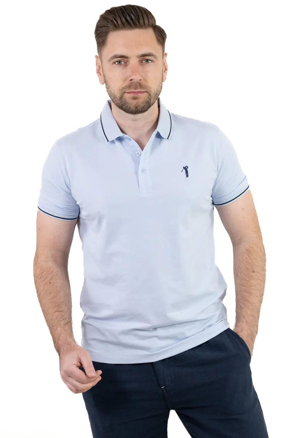 Barbati - Tricou Polo Bărbați Albastru, 95% Bumbac cu Lycra, Guler 3 Nasturi, Detalii Contrastante