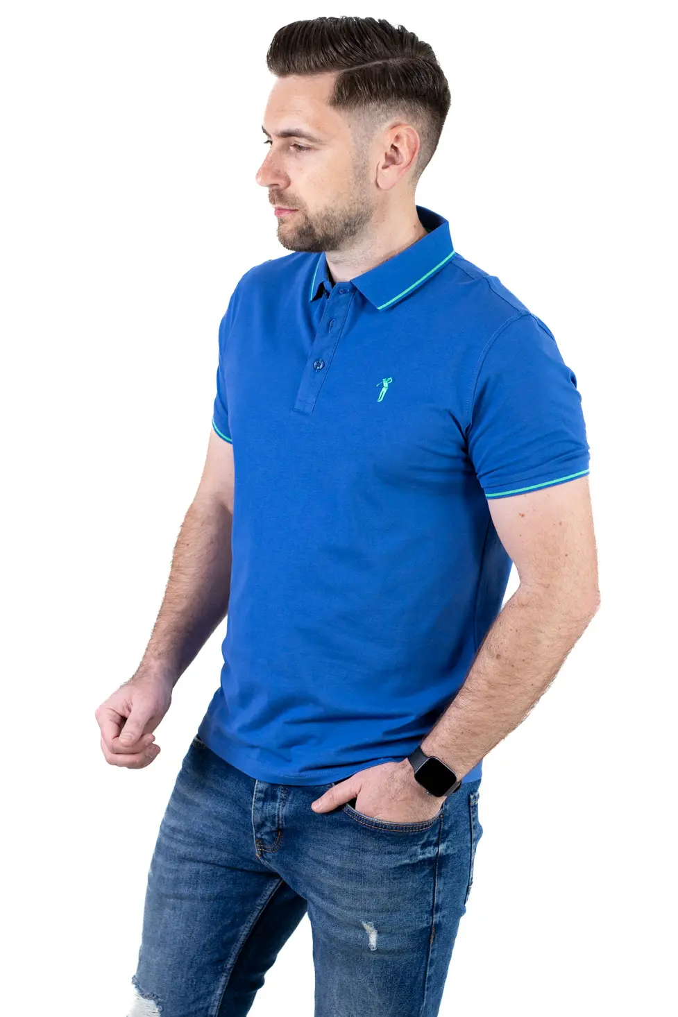 Barbati - Tricou Polo Bărbați albastru, 95% Bumbac cu Lycra, Guler 3 Nasturi, Detalii Contrastante