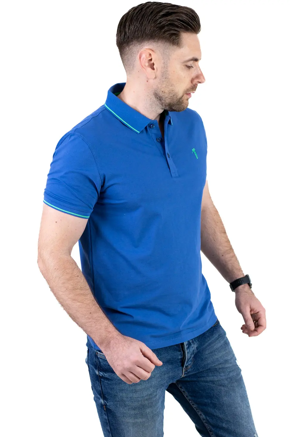 Tricou Polo Bărbați albastru, 95% Bumbac cu Lycra, Guler 3 Nasturi, Detalii Contrastante [1]