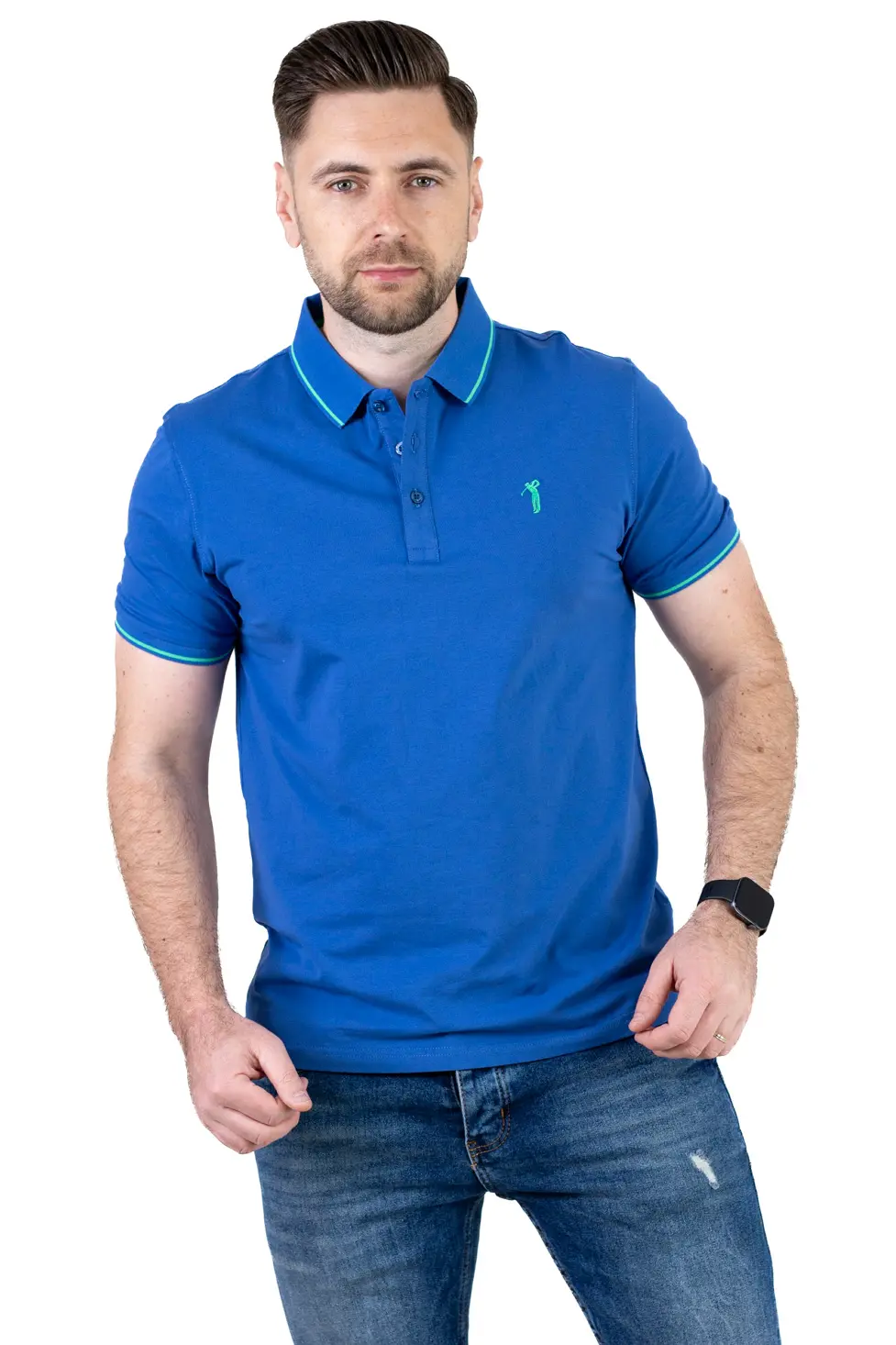 Tricou Polo Bărbați albastru, 95% Bumbac cu Lycra, Guler 3 Nasturi, Detalii Contrastante [4]