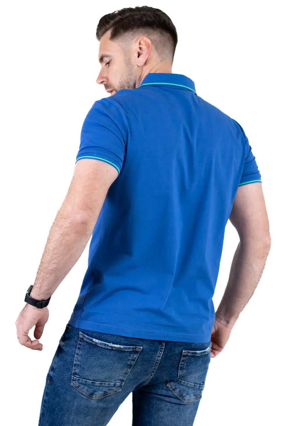 Tricou Polo Bărbați albastru, 95% Bumbac cu Lycra, Guler 3 Nasturi, Detalii Contrastante [2]