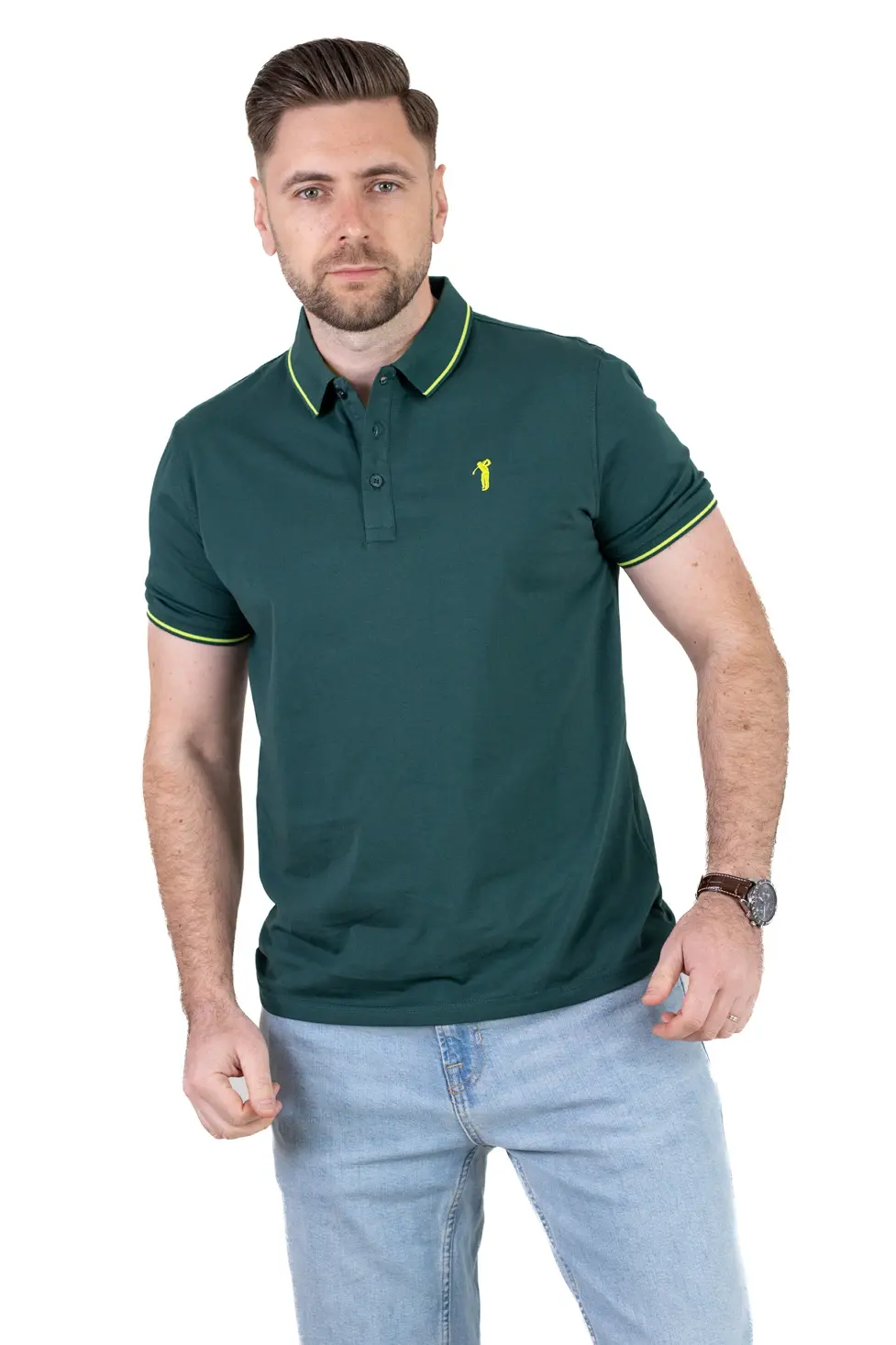 Barbati - Tricou Polo Bărbați verde inchis, 95% Bumbac cu Lycra, Guler 3 Nasturi, Detalii Contrastante