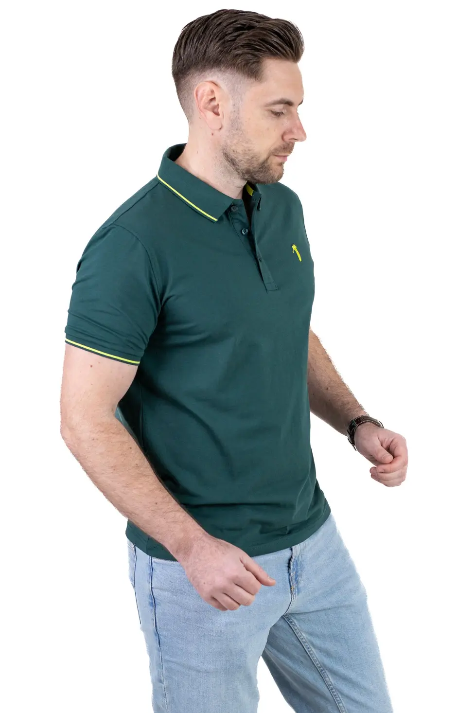 Tricou Polo Bărbați verde inchis, 95% Bumbac cu Lycra, Guler 3 Nasturi, Detalii Contrastante [2]