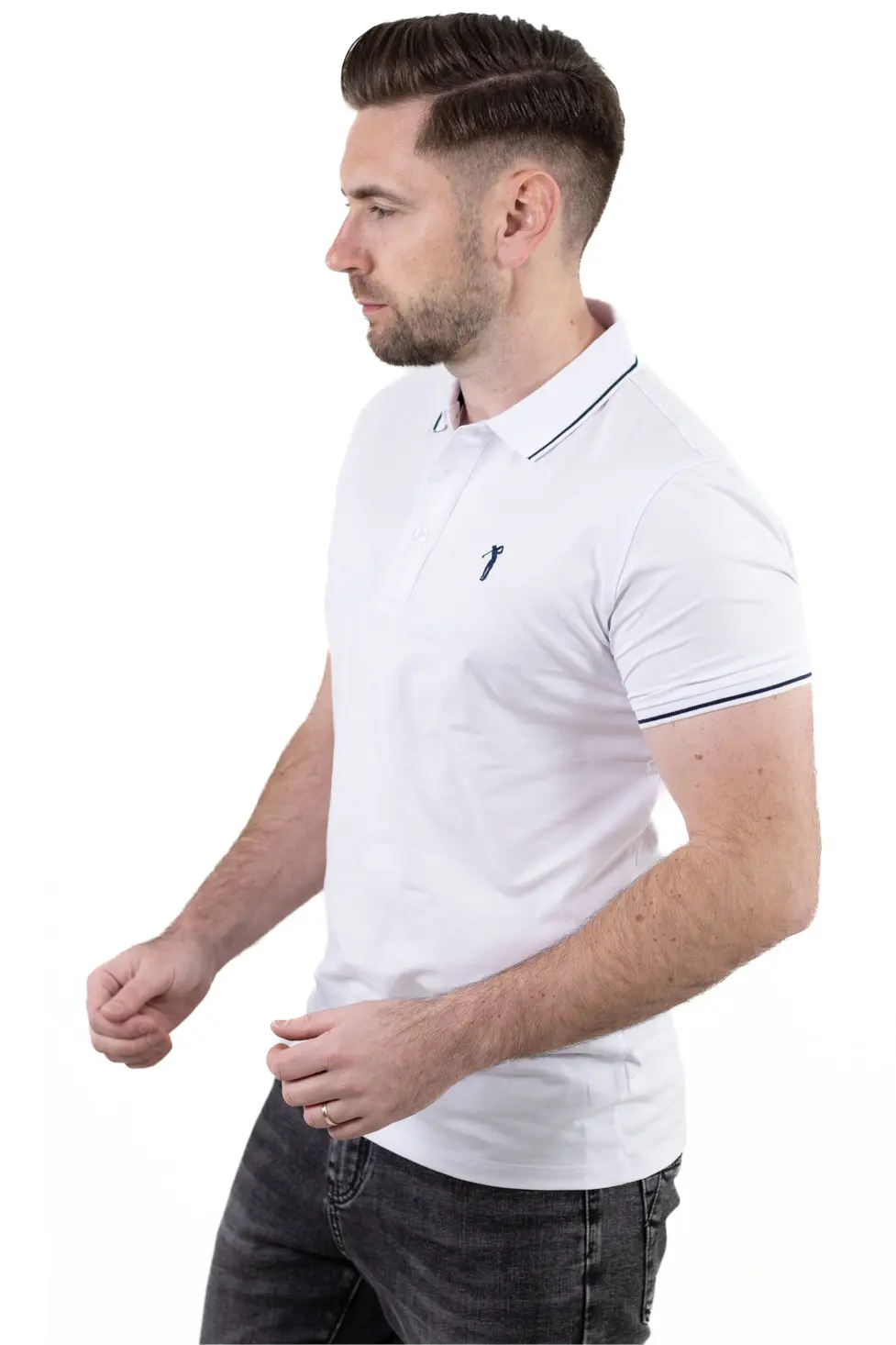 Tricou Polo Bărbați Alb, 95% Bumbac cu Lycra, Guler 3 Nasturi, Detalii Contrastante [1]