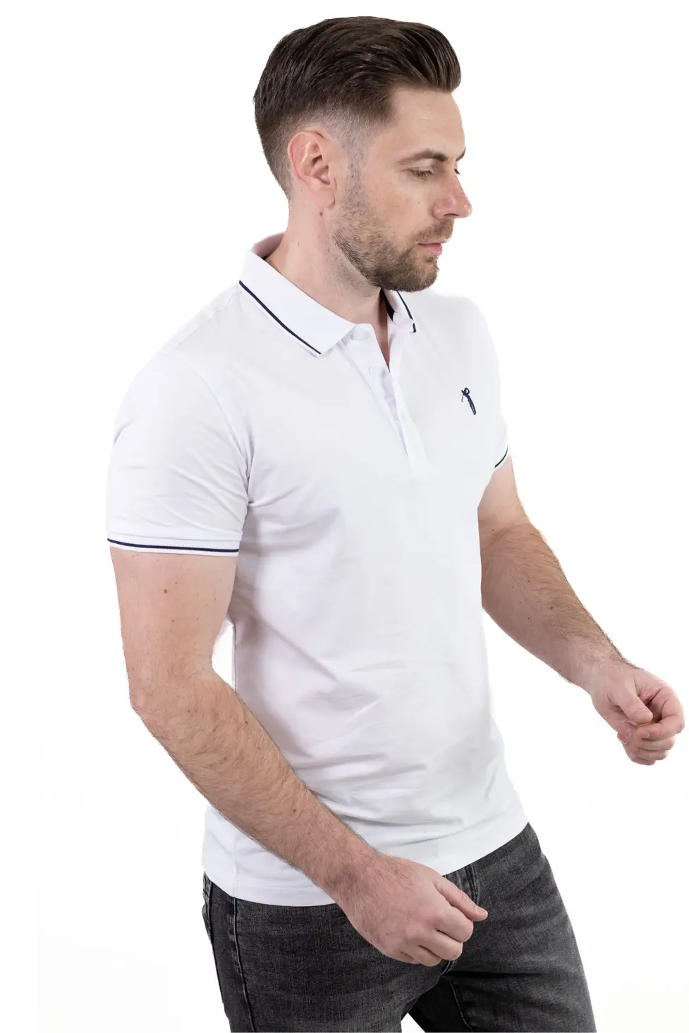 Tricou Polo Bărbați Alb, 95% Bumbac cu Lycra, Guler 3 Nasturi, Detalii Contrastante [2]