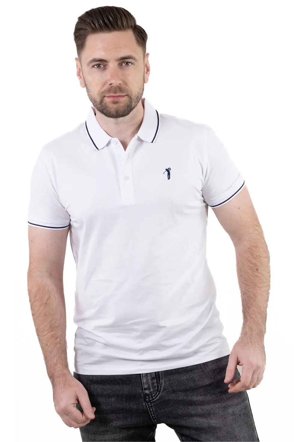 Barbati - Tricou Polo Bărbați Alb, 95% Bumbac cu Lycra, Guler 3 Nasturi, Detalii Contrastante