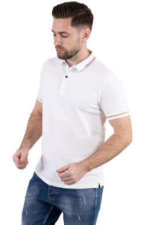 TRICOURI - Tricou polo alb cu guler scurt si 2 nasturi