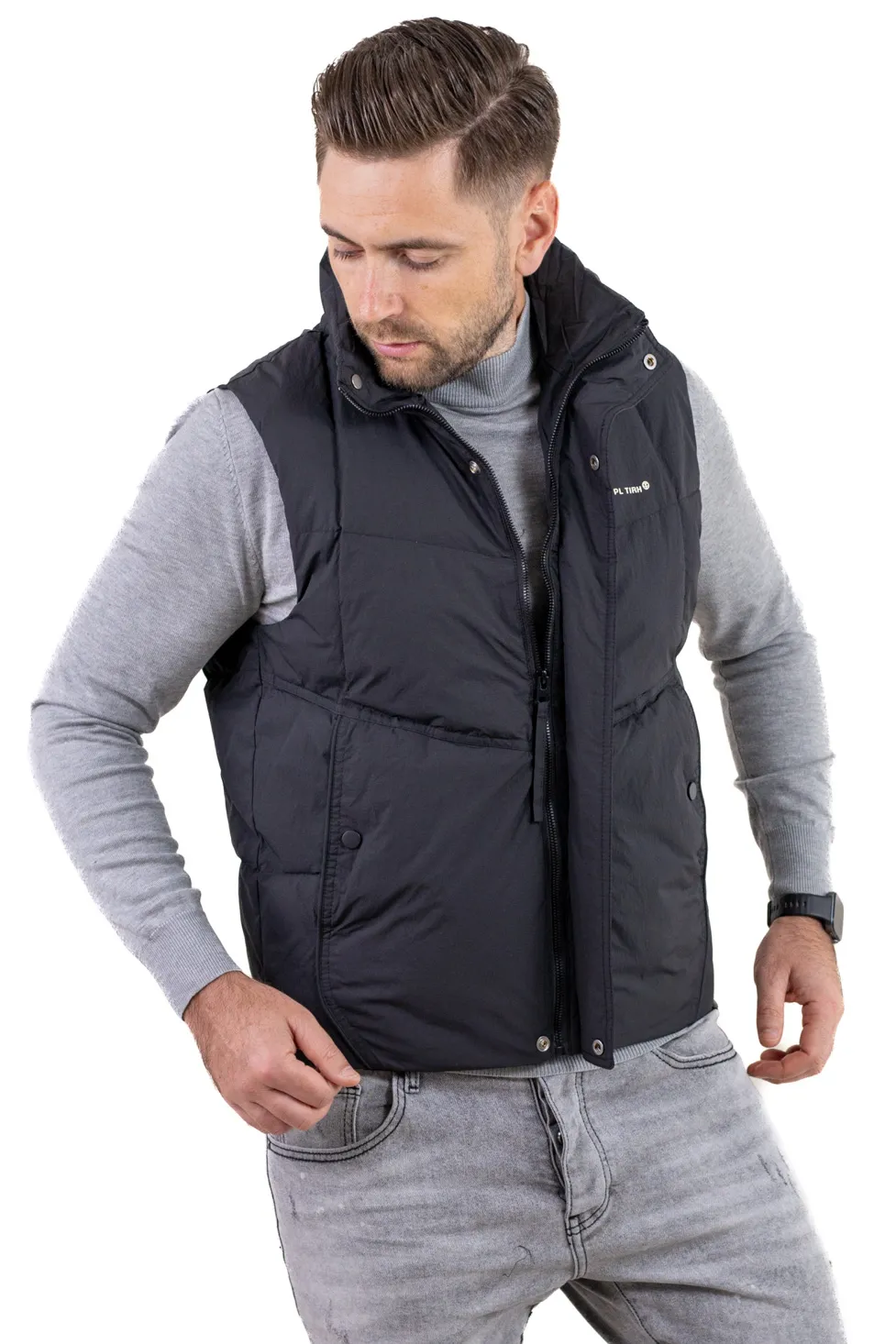 VESTE - Vestă bărbătească din puf, matlasată, guler înalt, neagră