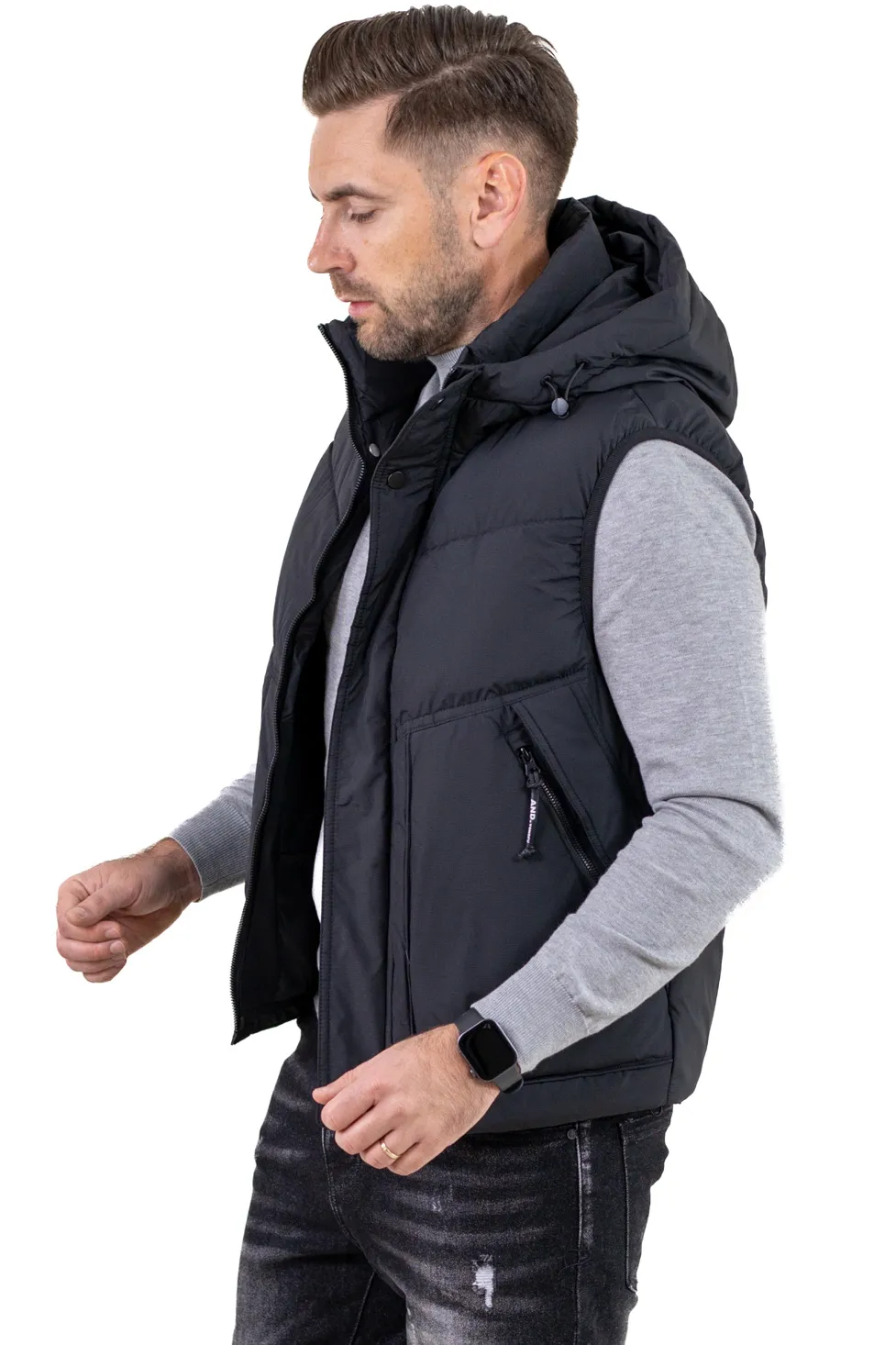 VESTE - Vestă bărbătească cu gluga din puf, matlasată, guler înalt, neagră