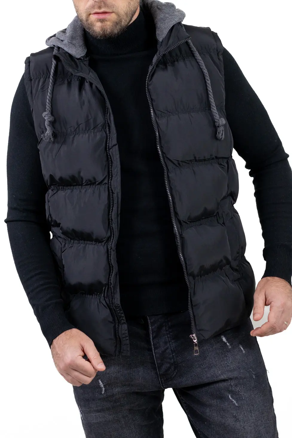 Vestă groasă bărbați cu glugă detașabilă neagră [8]